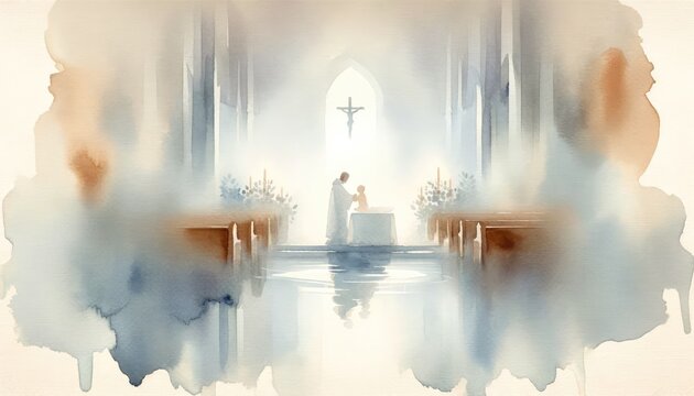 Watercolor painting of Baptism in a Church