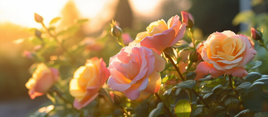 Pink and yellow rose flower in the garden and sunlight with bokeh,Generative AI