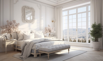 Francuski wiejski projekt wnętrza nowoczesnej sypialni w wiejskim domu. białe ściany jasne wnętrze z dużym oknem  - obrazy, fototapety, plakaty