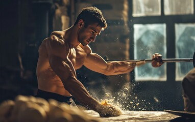 A muscular man at the gym vigorously slaps a weighted barbell against a slab of dough.