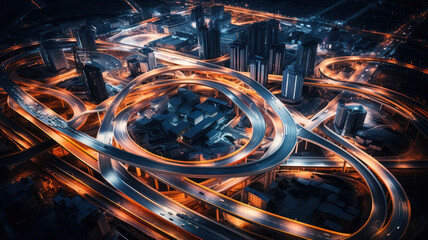 top view , night , roundabout interchange of a city, Expressway is an important infrastructure