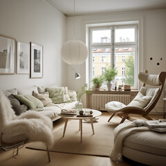 Scandinavian studio apartment. Modest interior design of a modern living room,