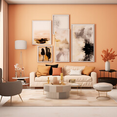 A living room dominated by peach, white and bronze colors, modern, aesthetic, trendy