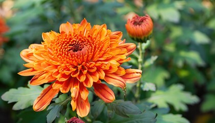 Chrysanthemum flowering in the garden, with copy space