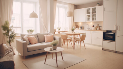 interior design spacious bright studio apartment in Scandinavian style and warm pastel white and beige colors. trendy furniture in the living area and modern details in the kitchen area - obrazy, fototapety, plakaty