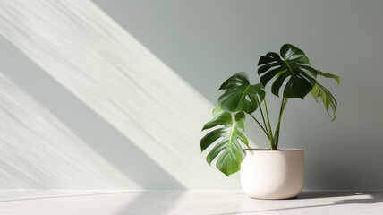 Minimalistic light background with blurred Monstera Deliciosa plant pot shadow on a light wall....