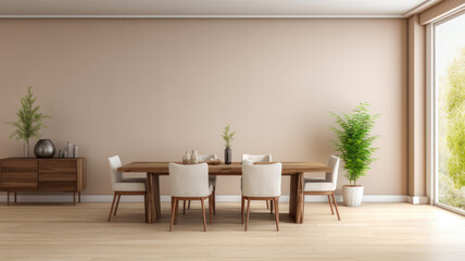 Fototapeta premium Modern interior design of apartment, dining room with table and chairs, empty living room