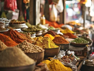 Poster Vibrant display of various exotic spices at a traditional market stall. © Evarelle