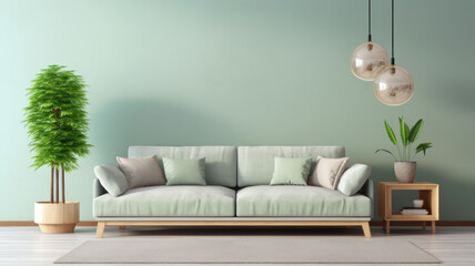 Fototapeta na wymiar Stylish interior design living room modern mint sofa wooden consol, cube, coffee table lamp