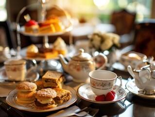 An elegant afternoon tea service with cakes, sandwiches, and pastries on a well-set table. - obrazy, fototapety, plakaty