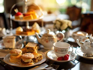 Foto op Plexiglas An elegant afternoon tea service with cakes, sandwiches, and pastries on a well-set table. © Evarelle