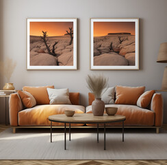 A living room with two brown couches and a framed picture of a desert with mountains