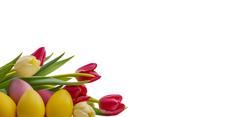 Bouquet of tulips and easter eggs on white background. Generative AI.