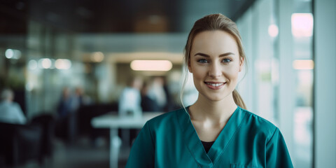 Portrait, female and nurse in a hospital or clinic for healthcare, intern or medical service. Confident, smile and friendly woman wearing scrubs for assistance, care or professional occupation