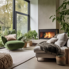 Zielony fotel  pokoju z nowoczesnym kominkiem. Skandynawski wystrój wnętrz nowoczesnego salonu w domu. dużo zieleni za oknem - obrazy, fototapety, plakaty