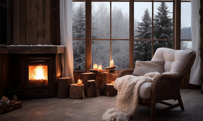 Wnętrze drewnianego domu w stylu skandynawskim Hytte, kominek wygodne miękkie fotele i ciepłe koce. Za oknem zimowa aura