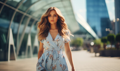 Atrakcyjna dziewczyna w krótkiej letniej sukience idzie chodnikiem w tle budynki nowoczesnego miasta - obrazy, fototapety, plakaty