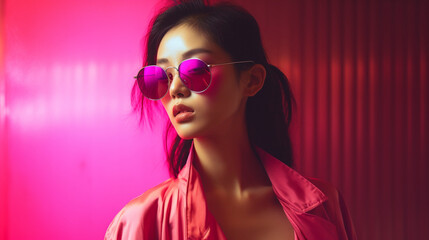 Charming Pink Ensemble: Asian Model Graces Pink Background ,Generative AI