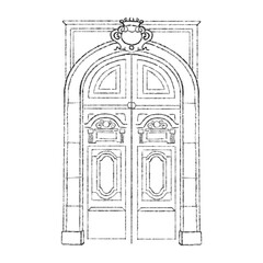 Front doors of residential houses. Home entrances exteriors. Outside doorways luxury vintage antique. Different entries from street. Line art sketch vector illustrations isolated on white background