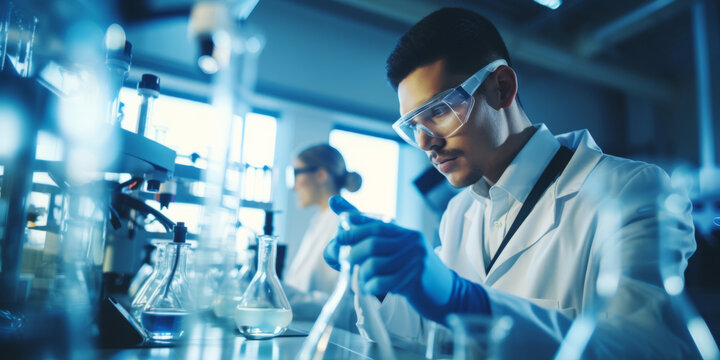 Scientist, male or professional working in a laboratory for medical research science, biotechnology or chemistry. Confident, student or young man looking at medical results or scientific development
