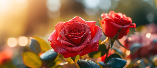 Red rose flower in the garden and sunlight with bokeh,Generative AI