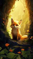 A painting of a fox in a forest