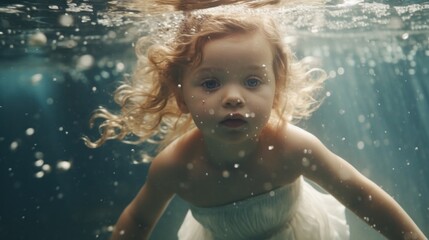 Fototapeta na wymiar A little girl in a white dress under water