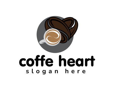coffe heart logo design template two love-shaped coffee beans accompanied by a cup of hot coffee beside them