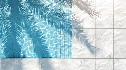 Top view of swimming pool. Water and palm shadow on travertine stone background.