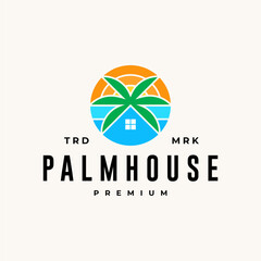 PALM HOUSE RESORT BEACH SUN VINTAGE LOGO VECTOR ICON ILLUSTRATION EDITABLE