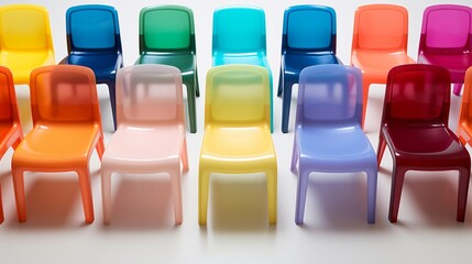 Fototapeta premium a collection of playful rainbow-colored plastic chairs, each hue representing a different personality, their simplicity and vibrancy adding a pop of color to any room, 