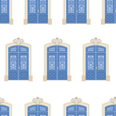 Fototapeta premium Front doors of residential houses seamless pattern. Home entrances exteriors. Luxury vintage antique. Different entries from street. Flat vector illustrations isolated on white background