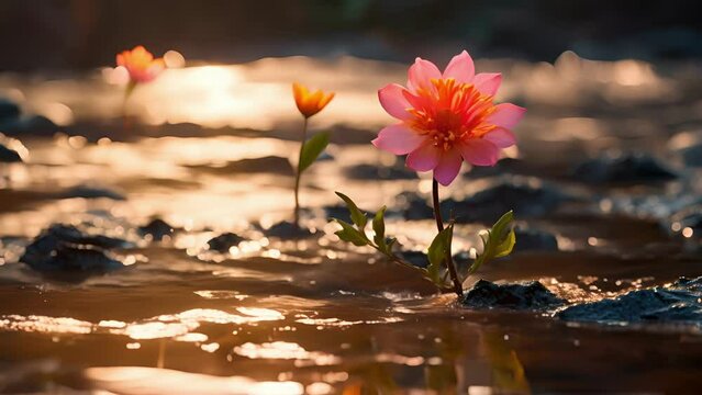 Amidst the chaos of the rising waters, a solitary flower bobs and weaves, seemingly dancing in defiance.