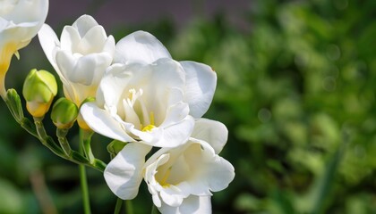 Freesia flowering in the garden, with copy space