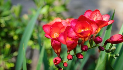 Freesia flowering in the garden, with copy space