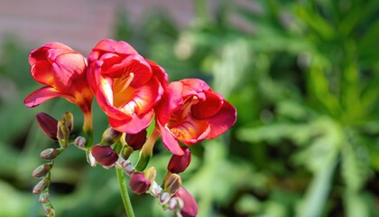 Freesia flowering in the garden, with copy space