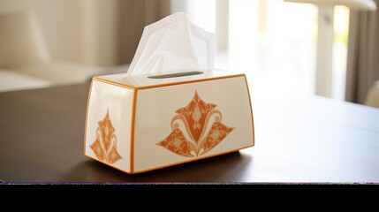 a deep amber tissue box, its rich tones exuding a sense of coziness and nostalgia, standing out elegantly against the clean white canvas, symbolizing the heart of home and care.