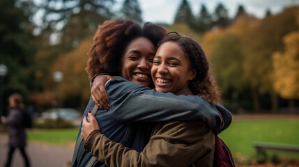 Fototapeta premium Friends hugging at a park, AI Generative.