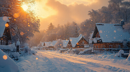 Winter wonderland. Mountain modern Village in winter, Snowdrifts