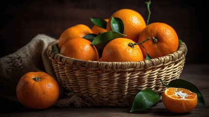 Fresh Orange Fruits in a bamboo basket with blur background