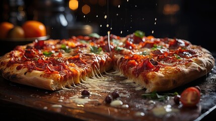 full pizza with vegetables and meat on wooden table with blur background