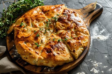 Khachapuri with cheese and thyme on a wooden board