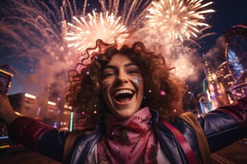 Obraz premium Beautiful young woman taking selfie with fireworks in the background. Portrait of a happy girl on the background of fireworks.