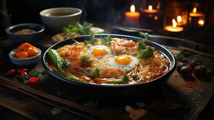 Fototapeta premium Delicious ramen noodles with egg topping on top, blur background