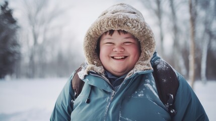 Fototapeta premium Portrait of a young, handsome, smiling and happy guy with Down syndrome against the backdrop of a winter snowy landscape.