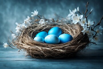 Fototapeta na wymiar Tender blue nest with Easter eggs