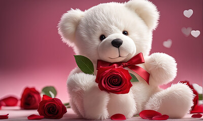 White teddy bear sits near a plain background with roses in valentine theme