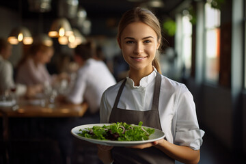 Young waitress serving food on plate with blurry restaurant in background - Powered by Adobe