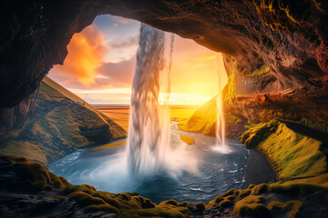 Fototapeta na wymiar From within a moss-covered cave, a waterfall cascades into a tranquil pool, with a stunning sunset creating a radiant backdrop over the coastal landscape.