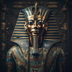 Golden statue of ancient egyptian pharaoh at city temple  - obrazy, fototapety, plakaty
